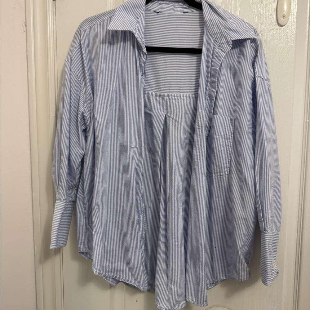 Zara Men's Blue and White Striped Shirt